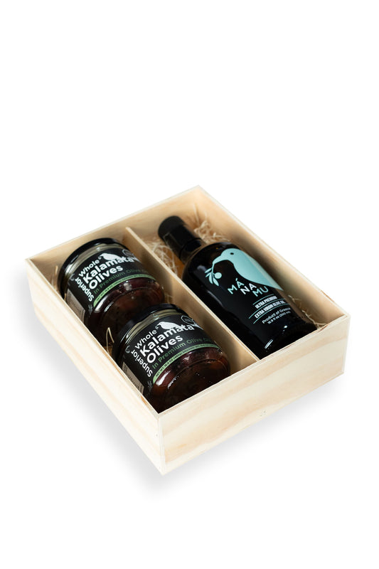 Caja tipo "Gift Box" con Aceite de Oliva Ultra Premium y Aceitunas Kalamata
