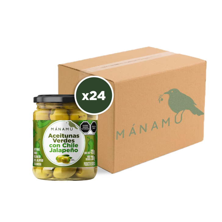 24 Pzs. Aceitunas verdes con chile jalapeño en salmuera 420g