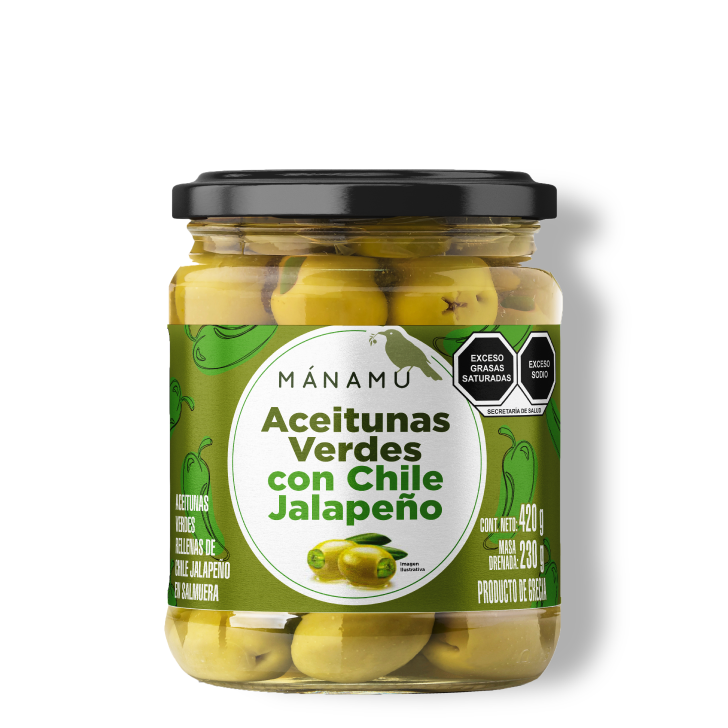 Aceituna verde con pimiento morron en salmuera + Aceitunas verdes con chile jalapeño en salmuera