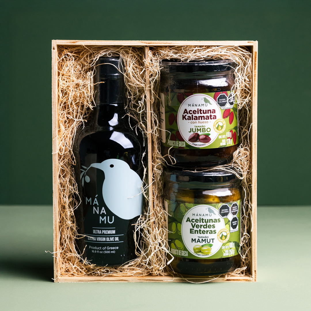 Gift Box Aceite de Oliva Extra_Virgen con Aceitunas Kalamata y Aceitunas Verdes Enteras en Aceite de olivo Extra Virgen 2