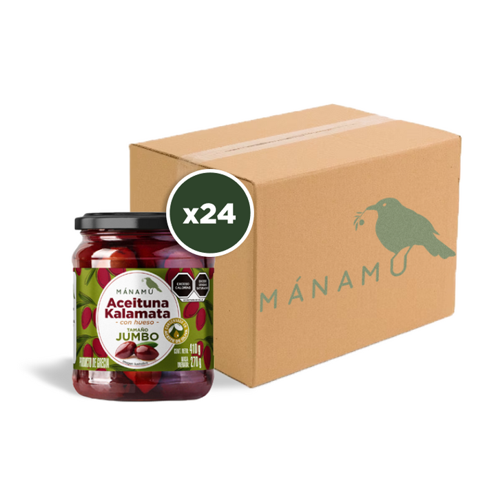 24 Pzs. Aceitunas Kalamata Tamaño Jumbo con Hueso en Aceite de Oliva Premium 410g