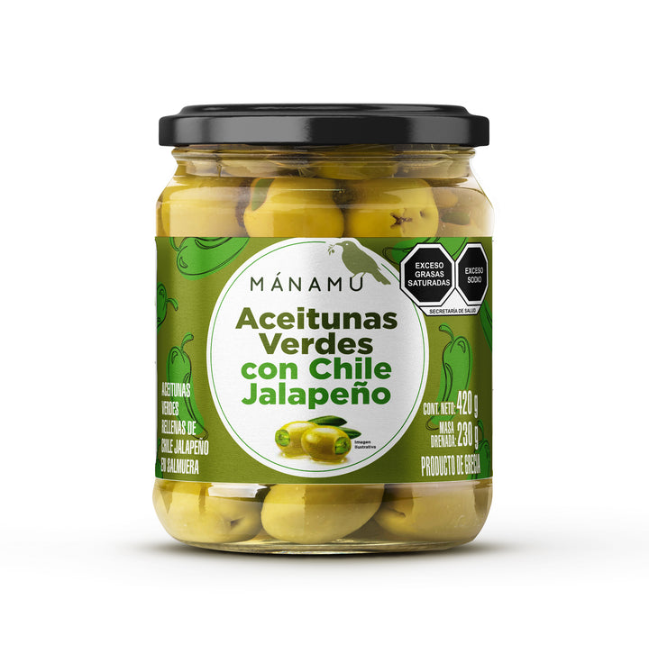 24 Pzs. Aceitunas verdes con chile jalapeño en salmuera 420g