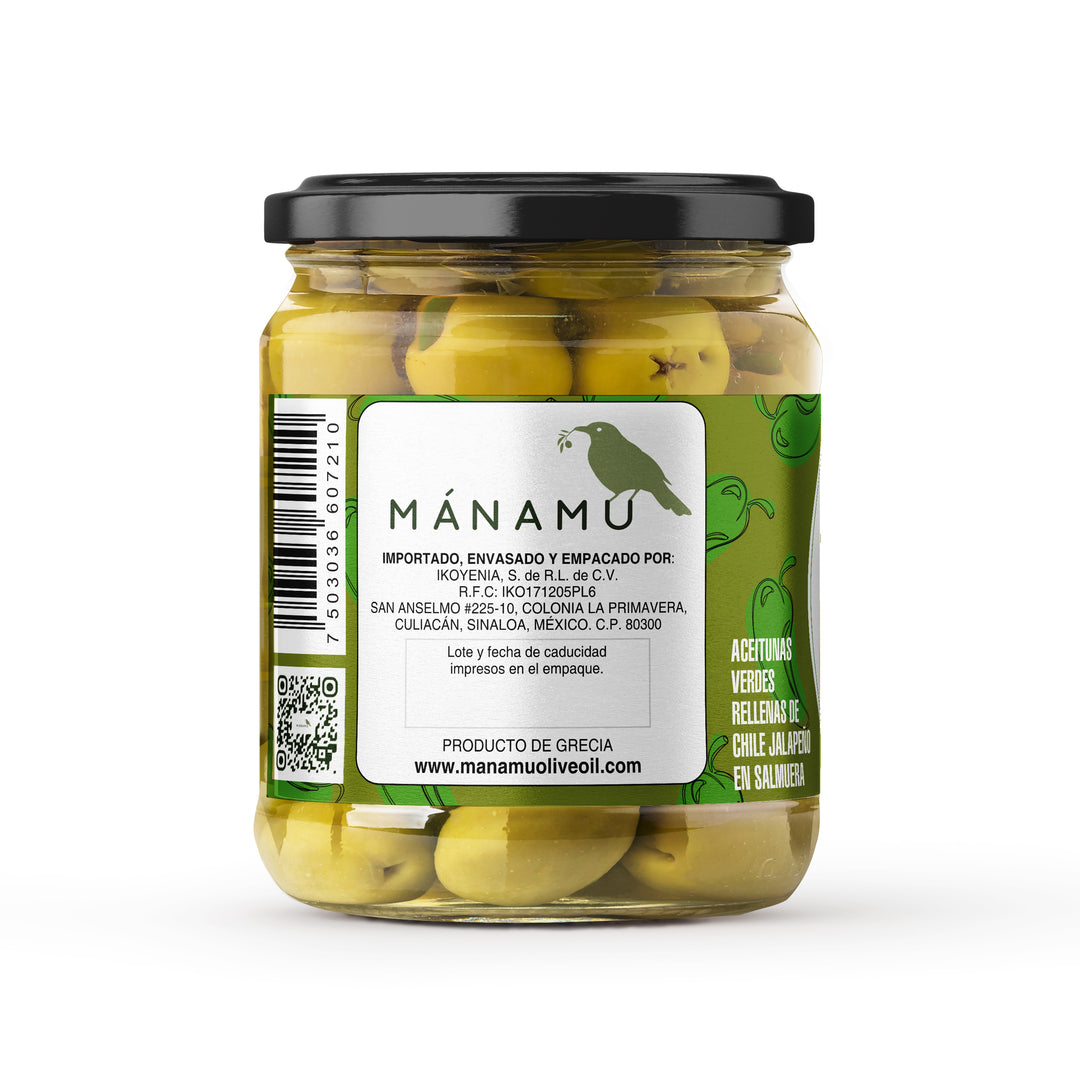 Green olives with jalapeño pepper in brine 420g