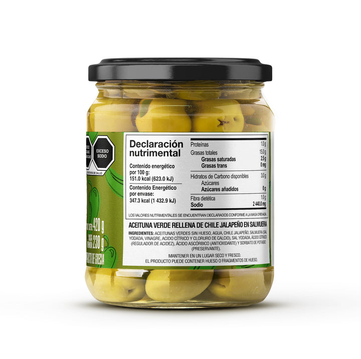 Green olives with jalapeño pepper in brine 420g