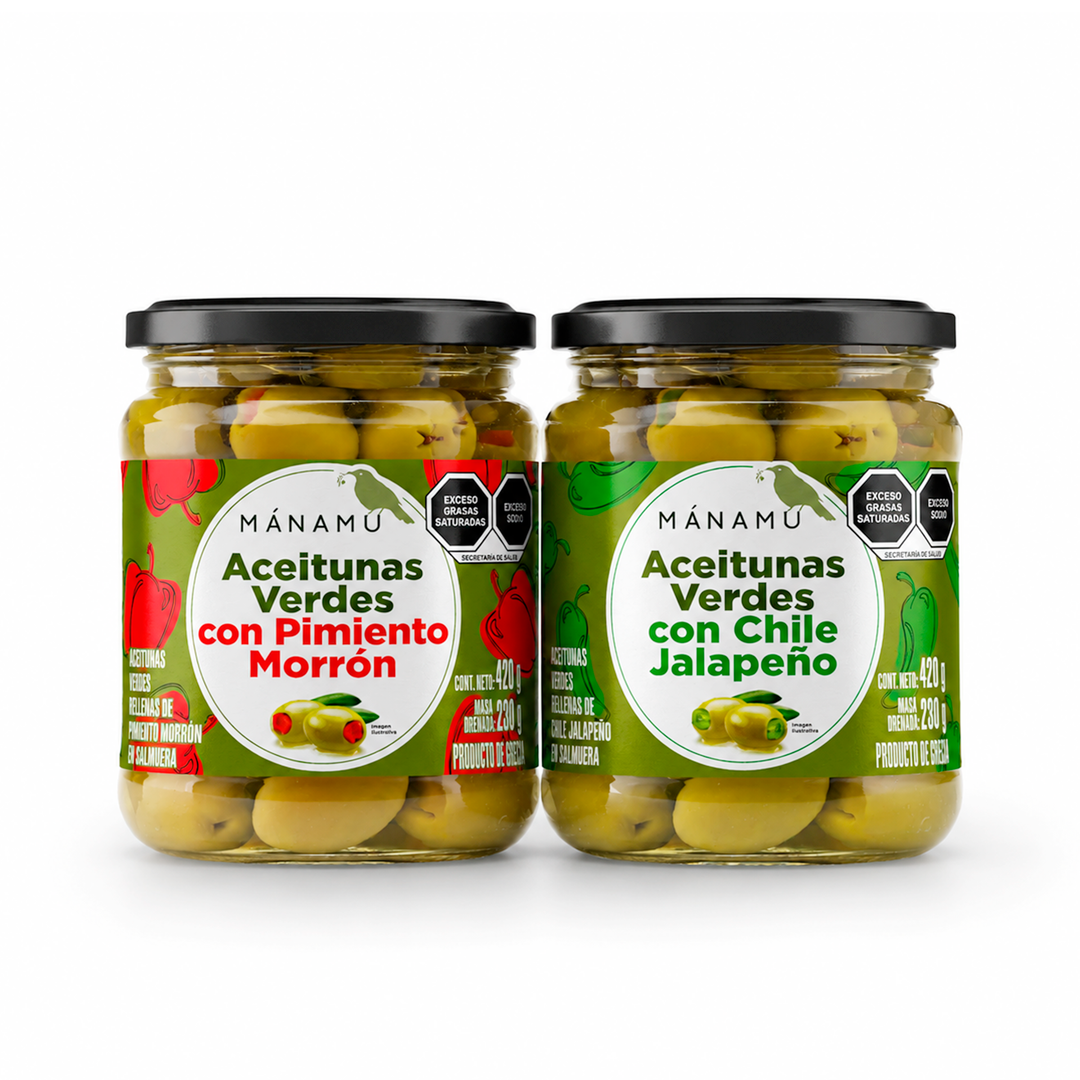Aceituna verde con pimiento morron en salmuera + Aceitunas verdes con chile jalapeño en salmuera