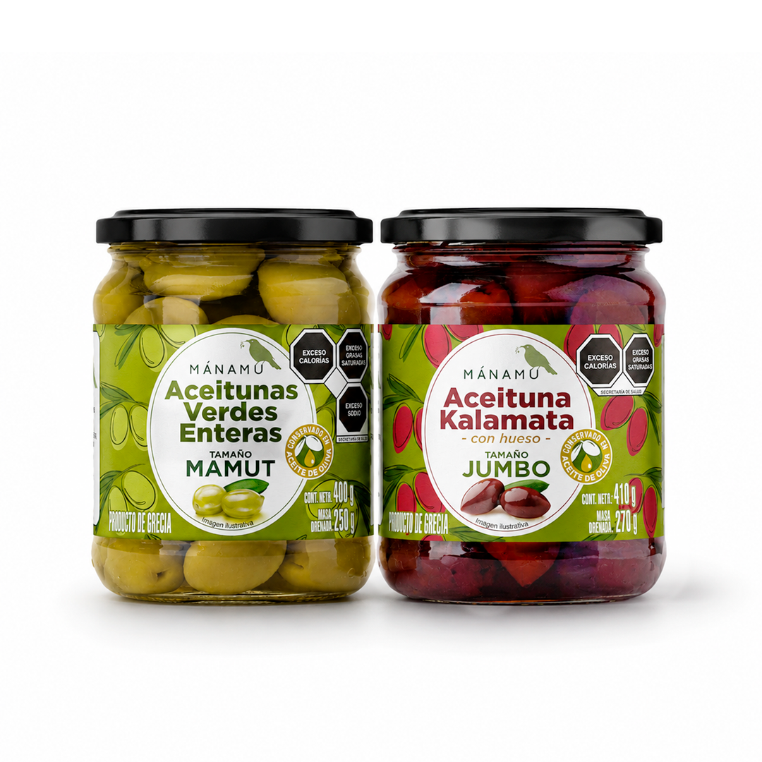 Aceituna verde con hueso en Aceite de Oliva + Aceituna Kalamata con hueso en Aceite de Oliva