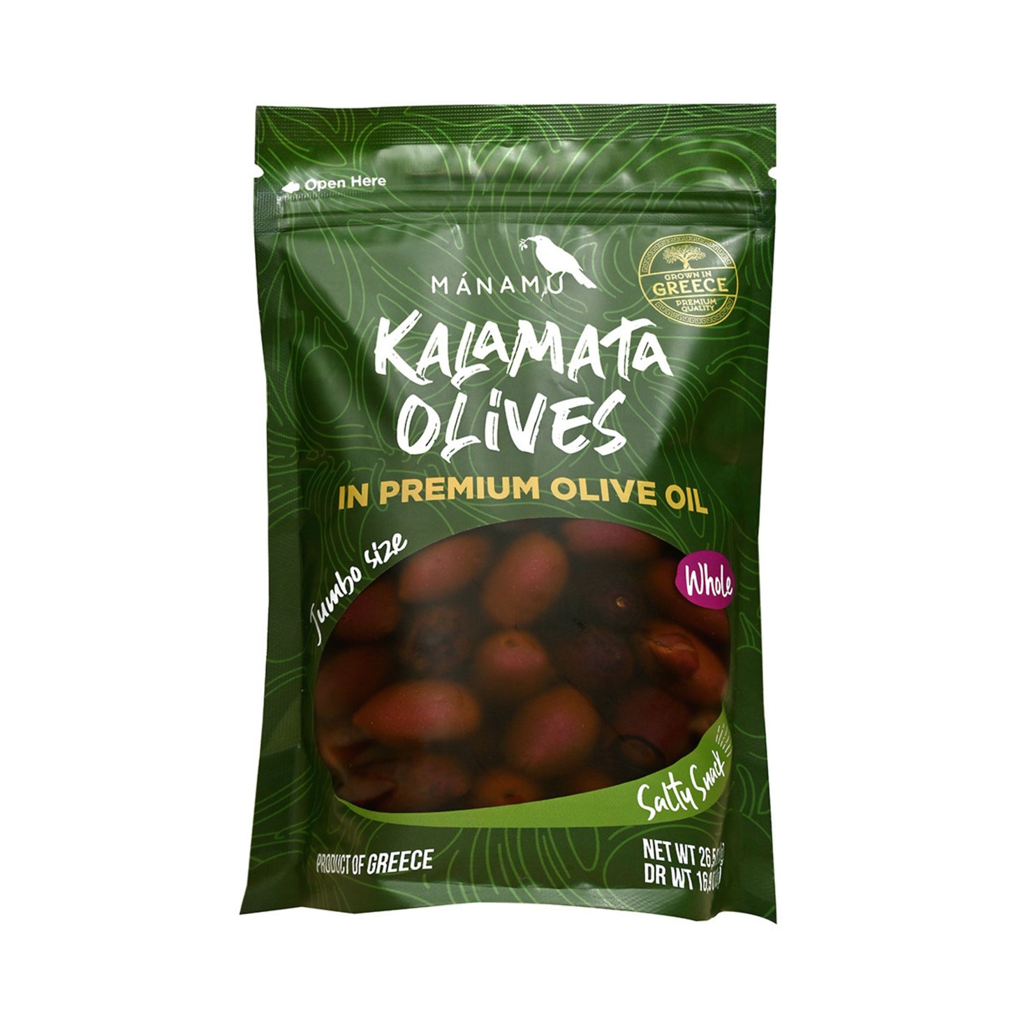 Aceitunas Kalamata Jumbo con hueso en Aceite de Oliva Premium en Pouch de 750g (26.5 oz)