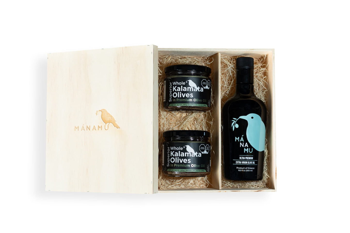 Caja tipo "Gift Box" con Aceite de Oliva Ultra Premium y Aceitunas Kalamata